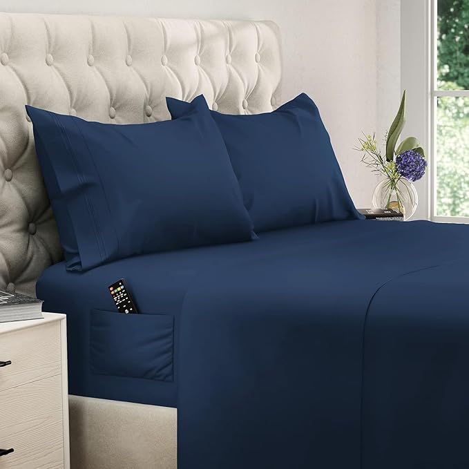 DREAMCARE King Size Sheets Set – 4 pcs Cooling Sheets – up to 21” Deep Pocket King Sheet Set – Hotel Luxury Sheets & Pillowcases – Superior Softness 100% Fine Microfiber with Side Pocket – Navy Blue DREAMCARE