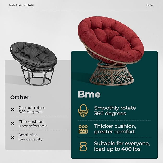 Bme 40" Ergonomic Wicker Papasan Chair with Soft Thick Density Fabric Cushion, High Capacity Steel Frame, 360 Degree Swivel for Living, Bedroom, Reading Room, Lounge, Cherry Sangria-Brown Base