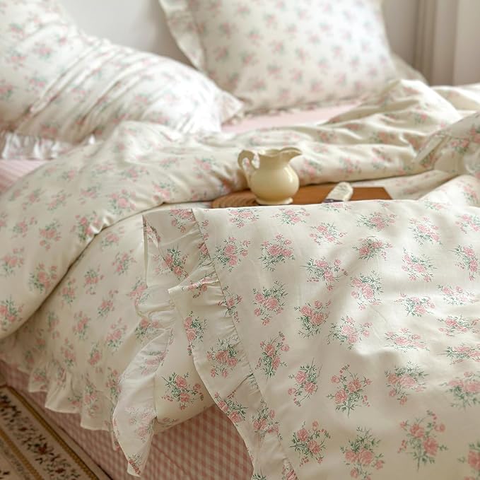 mixinni Pink Floral Duvet Cover Set Twin XL Size - 100% Cotton Ruffle Lace Bedding Set for Girls, Romantic Cottagecore Style Duvet Cover with Zipper Closure, Soft Aesthetic Princess Bedding-Twin XL
