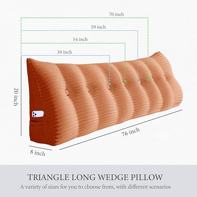 11 lbs Thickened Headboard Pillow Wedge Pillow Headboard Reading Pillow Bed for Comfortable Backrest Reading Triangular Pillow with Side Pocket Backrest Pillows for Sitting in Bed Queen