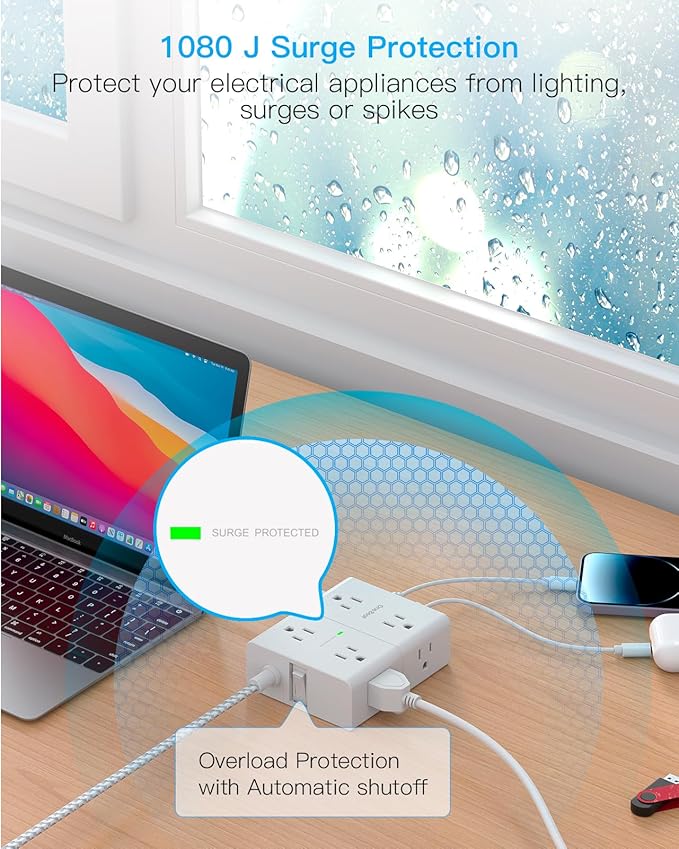 10Ft Extension Cord with Multiple Outlets, Flat Plug Power Strip Surge Protector 10 Ft Long Cord, 8 Outlet 4 USB Ports (2 USB C), Multi Outlet Wall Plug for Office, College, Dorm Room Essentials