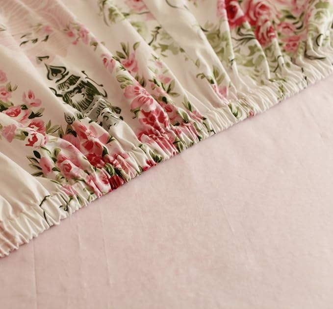 FADFAY Shabby Floral Bedding Set Full Size Sheet Set 4 Piece Premium 100% Cotton Pink Rose Pattern :1 Deep Pocket Fitted Sheet, 1Flat Sheet, 2 Pillowcases (Standard Size)