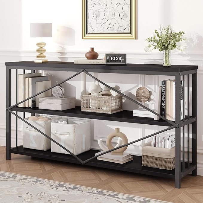 HSH Black Horizontal Bookcase, Metal and Wood Low Bookshelves with 3 Tier Shelf for Home Office, Modern Wooden Wide Open Etagere Bookcase with Storage for Bedroom Living Room, Black Oak, 55 Inch