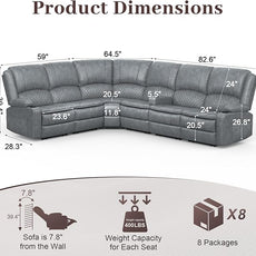 Manual Reclining Sectional Sofa Set, 6 Seats Soft Leather Recliner Corner Sectional Couch, Family-Sized L-Shaped Recliner Couch with USB Charging, Thickened Padding, Sturdy Frame, Grey