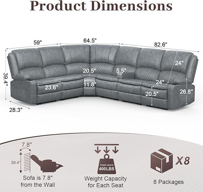 Manual Reclining Sectional Sofa Set, 6 Seats Soft Leather Recliner Corner Sectional Couch, Family-Sized L-Shaped Recliner Couch with USB Charging, Thickened Padding, Sturdy Frame, Grey