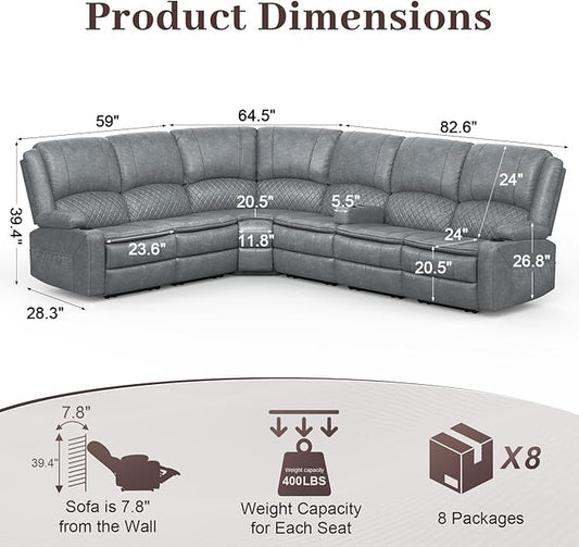 Manual Reclining Sectional Sofa Set, 6 Seats Soft Leather Recliner Corner Sectional Couch, Family-Sized L-Shaped Recliner Couch with USB Charging, Thickened Padding, Sturdy Frame, Grey