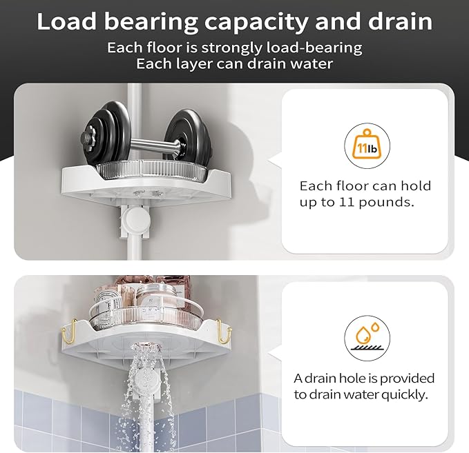 Corner Shower Caddy Tension Pole, 4 Tiers Rotating Shower Organizer for Bathroom Shelf Bathtub, Adjustable Standing Shower Rack Bathroom Accessories, Easily Assemble, 34-124 Inch Height,White