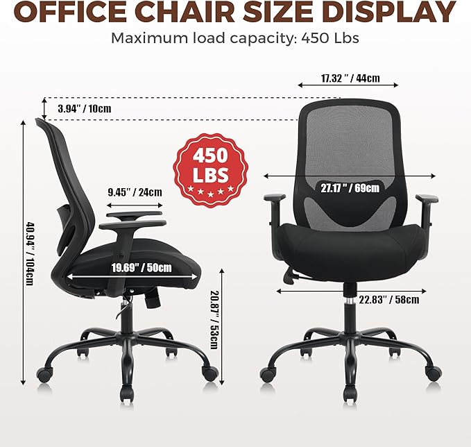 High Back Office Chair, Big and Tall Office Chair Ergonomic Comfy Chair Executive Desk Chair for Heavy Duty People 450Lbs Computer Chair with Adjustable Lumbar Support & Flip-up Arms