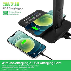 Desk Lamp, Desk Light with Wireless Charger, USB Charging Port, Dimmable Office Desk Lamp with Clock, Alarm, Date, Temperature, Foldable Table Lamp for Table Bedroom Bedside Office (Black PRO)