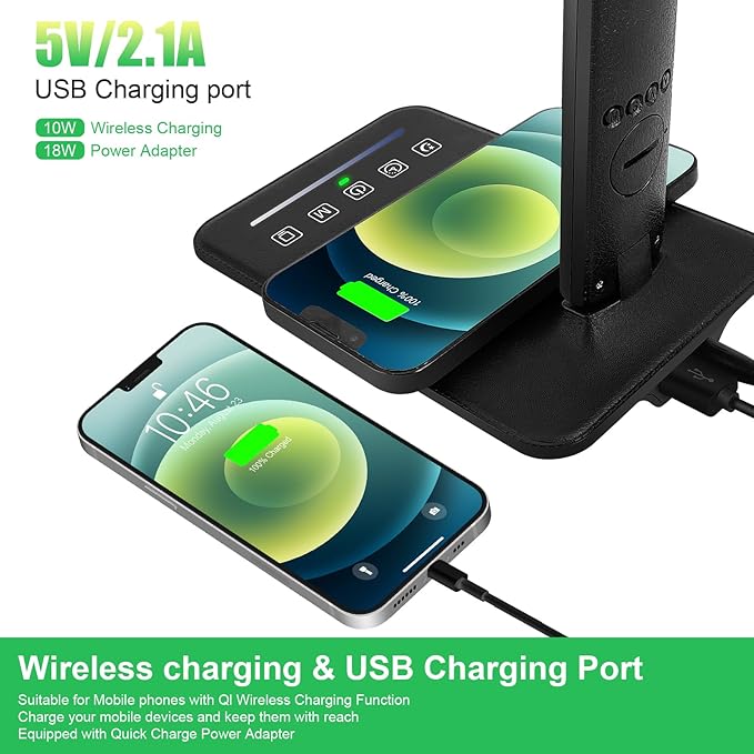 Desk Lamp, Desk Light with Wireless Charger, USB Charging Port, Dimmable Office Desk Lamp with Clock, Alarm, Date, Temperature, Foldable Table Lamp for Table Bedroom Bedside Office (Black PRO)