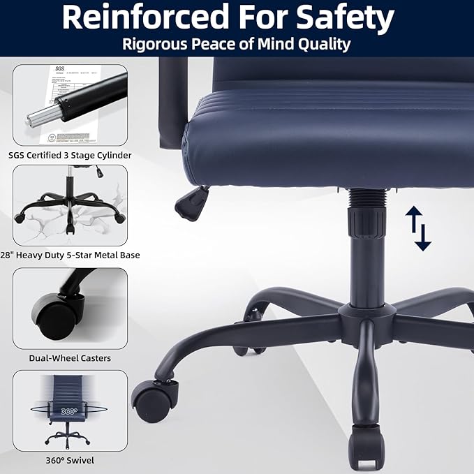 Office Chair, Ergonomic Executive Conference Room Chairs, Ribbed Leather Desk Chair with Lumbar Support, Adjustable Height Mid-Back Swivel Chair with Padded Seat