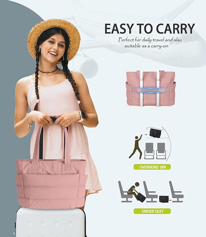 Puffer Tote Bag for Women, Cute Quilted Carryall with Zippered Compartments Shoulder Bag Handbag for Work, Travel, Gym