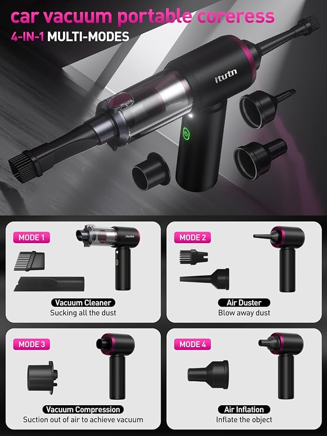 Mini Car Vacuum Portable Cordless with LED Light, 15000PA Powerful Suction, 80W High Power, One-Click Empty, Dual Hepa Filter, Car Vacuum Cleaner & Air Duster for Home, Desk, PC, Keyboard