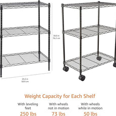 Amazon Basics 3-Shelf Adjustable, Heavy Duty Storage Shelving Unit on 2'' PP Plastic Wheel Casters, Metal Organizer Wire Rack, 23.2