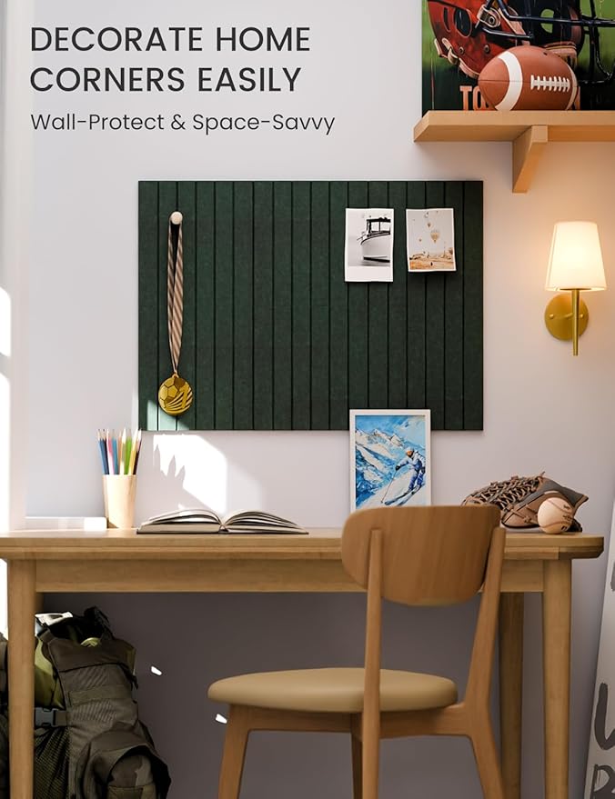 Felt Bulletin Board Tiles -28"x18" with 40 Adhesive Tabs, Cork Board Alternative for Office Decor, Push Pin Board Wall Organizer 6-Pack (Pine Green)
