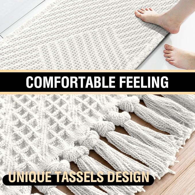 H.VERSAILTEX Waffle Bath Mat Super Absorbent Boho Bath Mat Non Slip Bath Rugs for Bathroom Floor Machine Washable Dry Fast Bathroom Rugs with Tassels (17 x 24 Plus 17 x 24 Inches, Ivory White)