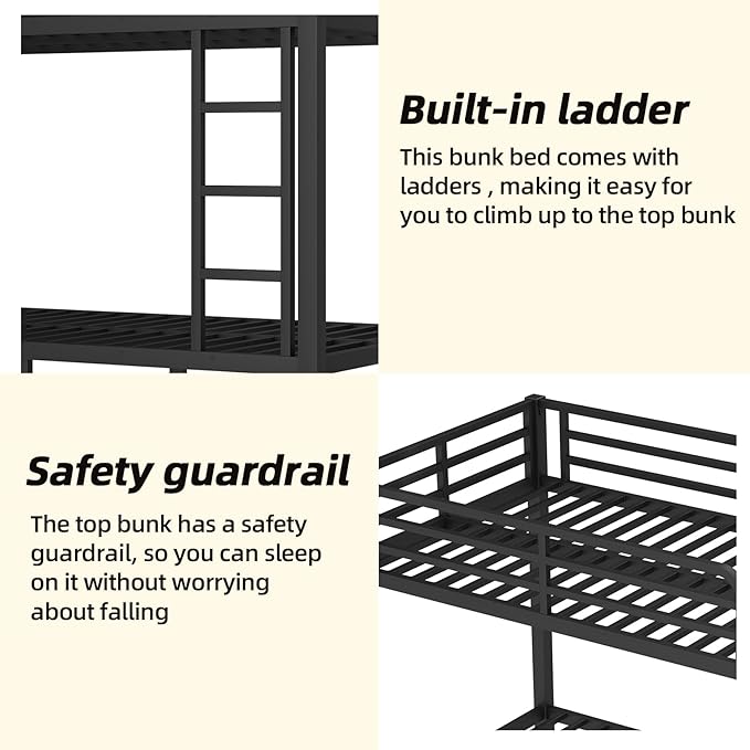 Twin Over Twin Bunk Bed, Metal Bunk Bed Frame Heavy Duty Bunk Beds Loft Bed Frame with Ladder and Guardrail Metal Slats No Box Spring Required for Adults Teens, Black