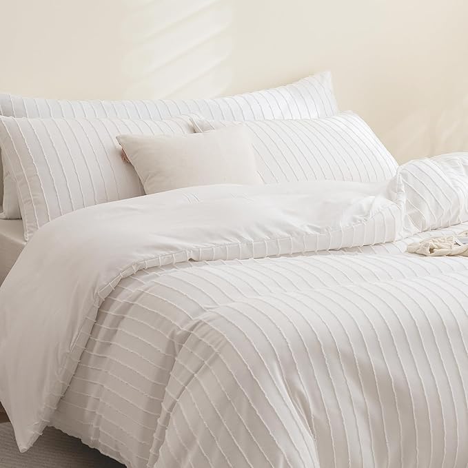 JELLYMONI Duvet Cover Super Queen Size White - 3PCS Boho Striped Duvet Cover Set Polyester Tufted Bohemian Textured Comforter Cover 98×90in with Corner Ties & Zipper and 2 Pillowcases