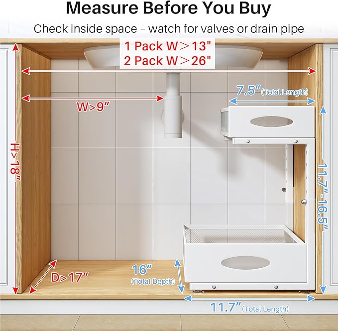 Under Sink Organizer, 2 Pack 2 Tier Pull Out Under Cabinet Organizer Shelf with Pad for Framed Cabinets, Metal Slide Out Under Sink Storage, Mesh Sliding Drawers for Kitchen Bathroom Laundry, White