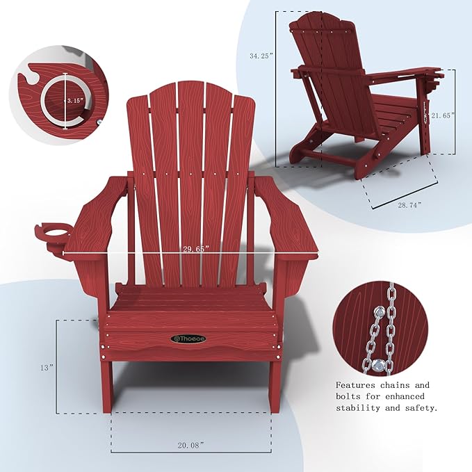 Adirondack Chair Set of 2, Folding All-Weather Outdoor HDPE Patio Chair with Cup Holder, Red