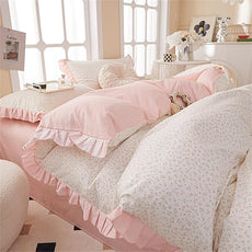 MKXI Full Size Small Floral Ruffle Comforter Set - 3 Piece Countryside Floral Comforter with Pillow Shams, Reversible White Pink Princess Bedroom Collection, Soft Aesthetic Bedding Set for Teen Girls