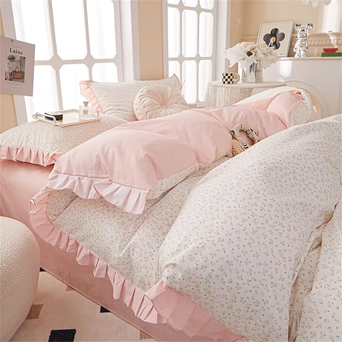MKXI Full Size Small Floral Ruffle Comforter Set - 3 Piece Countryside Floral Comforter with Pillow Shams, Reversible White Pink Princess Bedroom Collection, Soft Aesthetic Bedding Set for Teen Girls