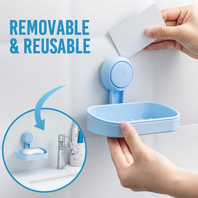 TAILI Soap Dish Bar Holder Suction Cup,SoapSaver with Powerful Vacuum Suction,Sponge Holder for Shower,Bathroom,Tub andKitchen Sink,Universal Shower Accessories,Drill-Free,Removable,2 Pack,Blue