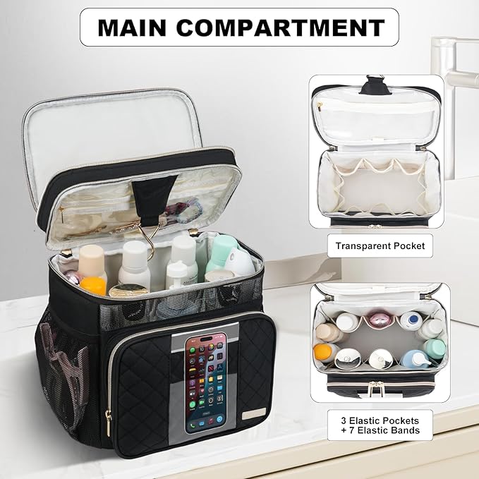 Portable Shower Caddy College, Quickly Dry Tolietry Mesh Tote Bag for Dorm Room Essentials, Hanging Bathroom Organizer Bag for Travel, Gym, Camping (Black)