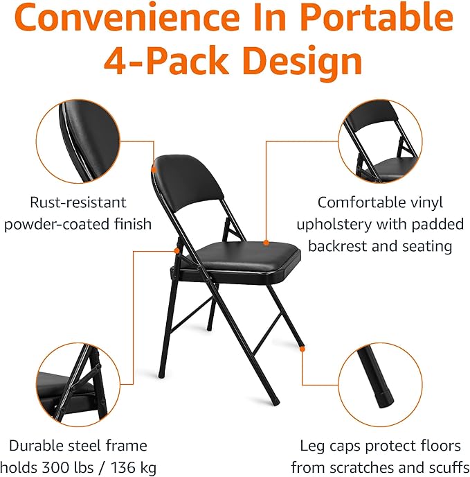 Amazon Basics Comfortable Vinyl-Padded Metal Steel Folding Chairs, Black, 4-Pack