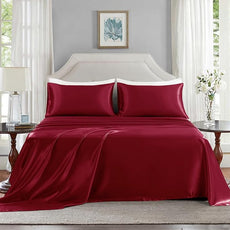 Satin Sheets Queen Size - 4 Pieces Luxury Silky Soft Bed Sheets, Wrinkle-Free Burgundy Satin Silk Sheet Set with 1 Deep Pocket Fitted Sheet, 1 Flat Sheet, 2 Pillow Cases