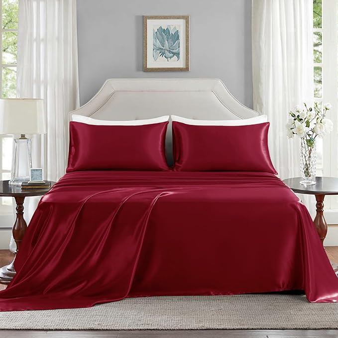 Satin Sheets King Size - 4 Pieces Luxury Silky Soft Bed Sheets, Wrinkle-Free Burgundy Satin Silk Sheet Set with 1 Deep Pocket Fitted Sheet, 1 Flat Sheet, 2 Pillow Cases