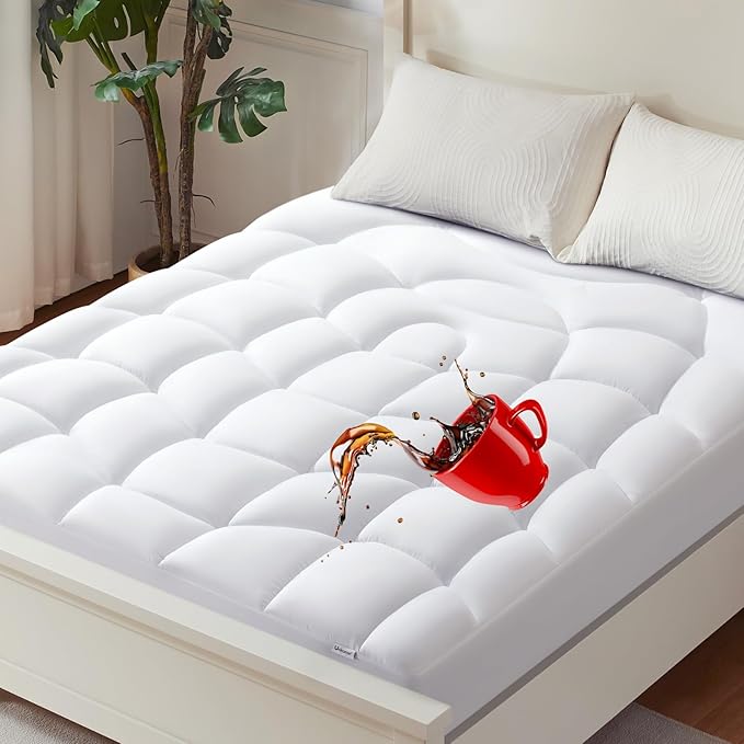 Unikome California King Mattress Pad Waterproof - Ergonomic Quilted Fitted Cal King Mattress Topper, 5-Layers Noiseless Washable Mattress Protector Cover with 8"-21" Deep Pocket (White,72x84)