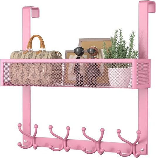 Consumest Over The Door Hooks Organizer - Over Door Hanger with 16 Hooks & 2 Baskets for Hanging Coat, Clothing, Towel, Back Storage for Bathroom, Closet, College Dorm, Pink