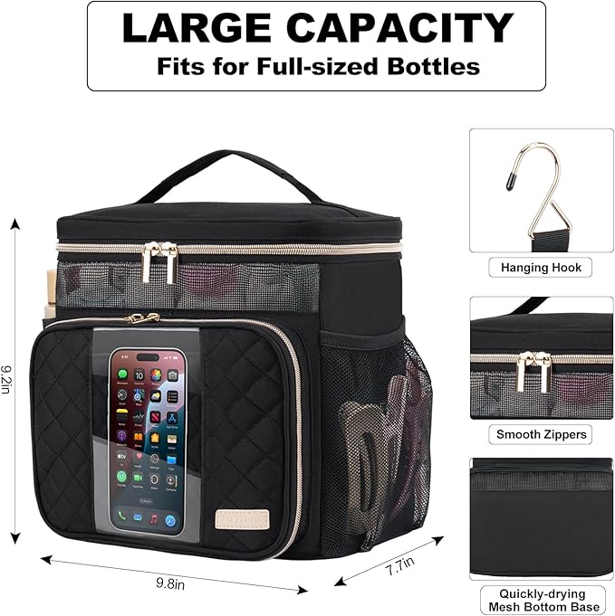 Portable Shower Caddy (Full Size Bottle Compatible),Travel Shower Tote Bag with Quick Dry Mesh Base,Hanging Toiletry Cosmetic Bag for Gym,College,Camping & Dorm, Black