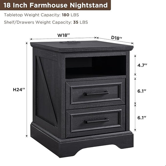 ACCOHOHO 18" Farmhouse Nightstand Set of 2 with Charging Station,End Table with 2 Drawers Storage,Side Table,Bedside Cabinet for Bedroom,Living Room, Black