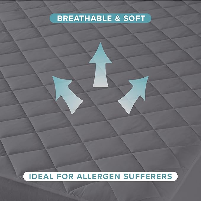 Bare Home Twin Quilted Fitted Mattress Pad - Cooling Mattress Cover - Easily Washable - Elastic Fitted Cover for Mattress - Stretch-to-Fit up to 15 Inches Deep (Twin, Grey)
