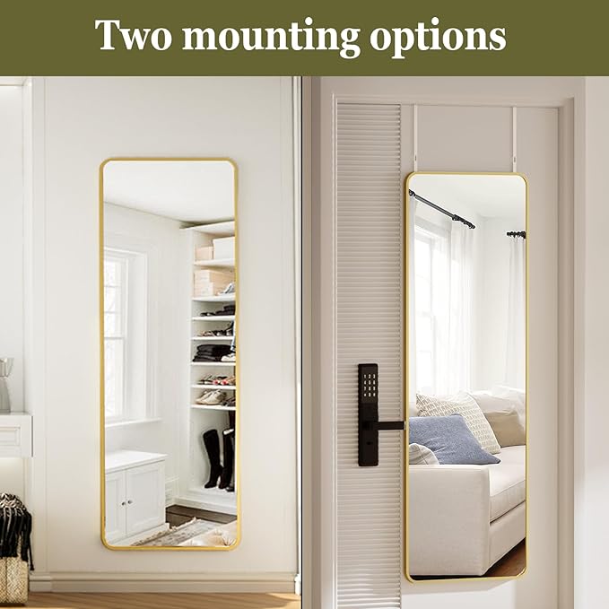 BEAUTYPEAK 14"x48" Full Length Over The Door Mirror, Aluminum Alloy Frame Full Body Mirror with Height-Adjustable Hangers, Hanging Mirrors for Bedroom, Living Room, Bathroom, Gold