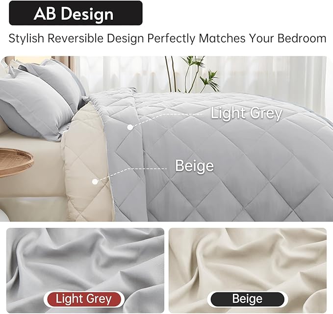 MUXHOMO 5 Pieces Twin Comforter Set, Reversible Bed in a Bag Twin Size, All Season Bedding Set with Comforter, Flat Sheet, Fitted Sheet, Pillowcases & Shams, Light Grey & Beige