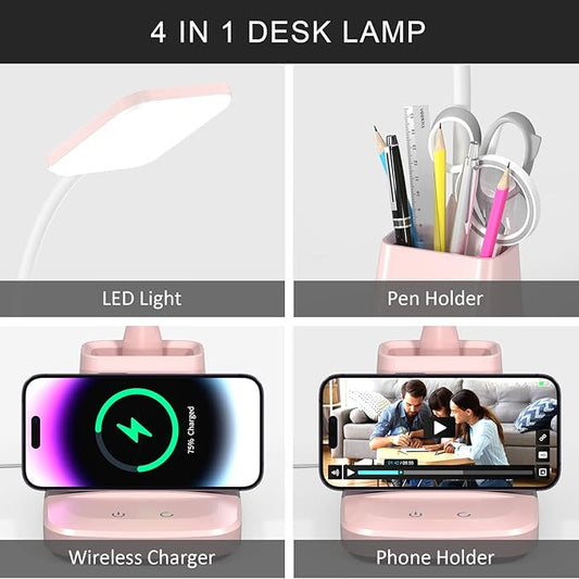 Desk Lamps for Home Office, LED Desk Lamp with Wireless Charger Pencil Holder, 3 Color Modes Dimming Desk Light for College Dorm Room, Girls Study Lamp with CRI 90+ 800 Lumen - Pink