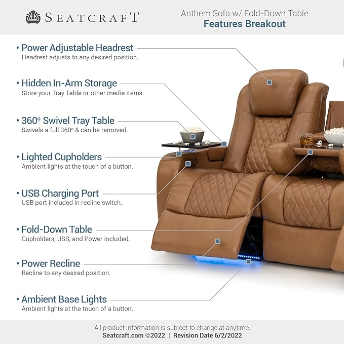 Seatcraft Anthem Italian Leather Sofa w/Fold-Down Table, Living Room, Power Headrest, Power Recline, Tan Oak