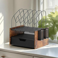 Wood Desk Organizer - 2-Tier Desktop File Organizer with Drawer with Vertical File Holder, Wooden Paper Tray, Office Desk Organzier and Accessories for Papers, Mail, Notebooks, Stationery