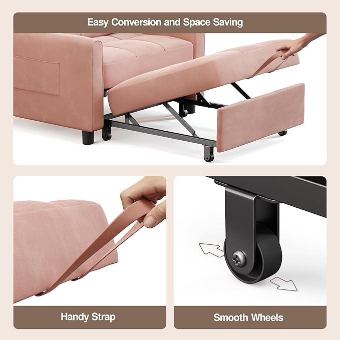 Ahomly Convertible Sleeper Chair Sofa Bed with 3-in-1 Design, Adjustable Backrest, and Storage Pocket for Living Room, Pink