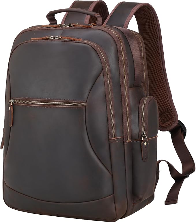 TIDING Full Grain Leather 17.3 Inch Laptop Backpack for Men Large Capacity Travel Weekender Camping Daypack Rucksack