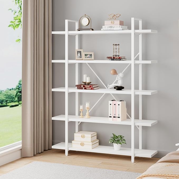 HSH 5 Tier Tall White Bookshelf, Metal and Wood Storage Book Shelves for Bedroom Living Room Office, Modern Large White Bookcases and Bookshelves 5 Shelf, Farmhouse Open Vertical Display Book Shelf