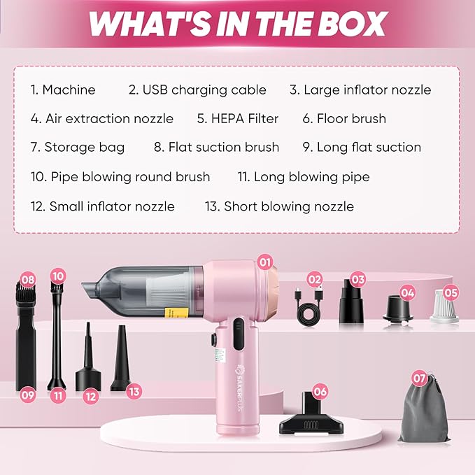 17500Pa Cordless Handheld Car Vacuum 4-in-1 Mini Vacuum Cleaner with LED Display 40min Runtime Multi Nozzles Rechargeable and Portable for Home,Office,Outdoor (Pink)