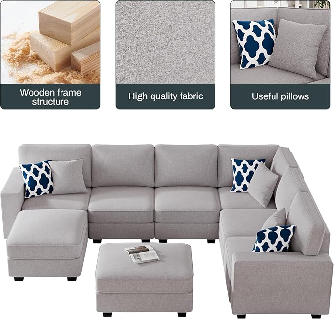 Legend Vansen Modular Sectional Sofa U Shaped Couch with Ottoman Modern Reversible Corner Sectional Couch for Living Room (Light Grey, U Shaped Sofa-3)