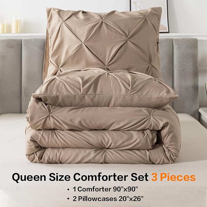 Andency Taupe Queen Comforter Set, 3 Pieces All Season Warm Soft Bedding Comforters & Sets for Queen Bed, Lightweight Pinch Pleat Bed Set for Adults Teens (90x90Inch)