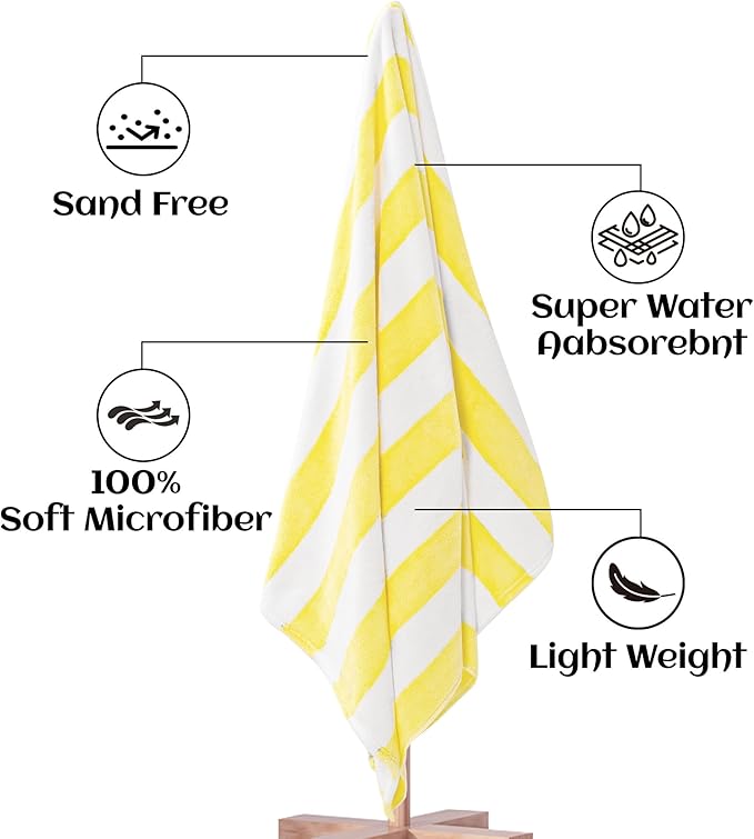 Touchat 4 Pack Cabana Stripe 250GSM Polyester Lightweight Quick-Dry Beach Towel & Blanket Combo- 30'' x 60'' Compact Travel Towel for Pool, Camping, Gym, Yoga | Ultra-Portable, Multi-Functional，Yellow