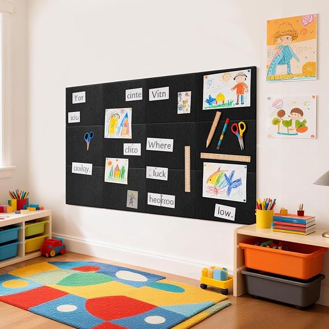 12 Pack Cork Boards for Walls, 48" x 24" Large Felt Wall Tiles, Black Bulletin Board Paper with Safe Removable Adhesive Tabs, Pin Corkboard for Office Home Decor