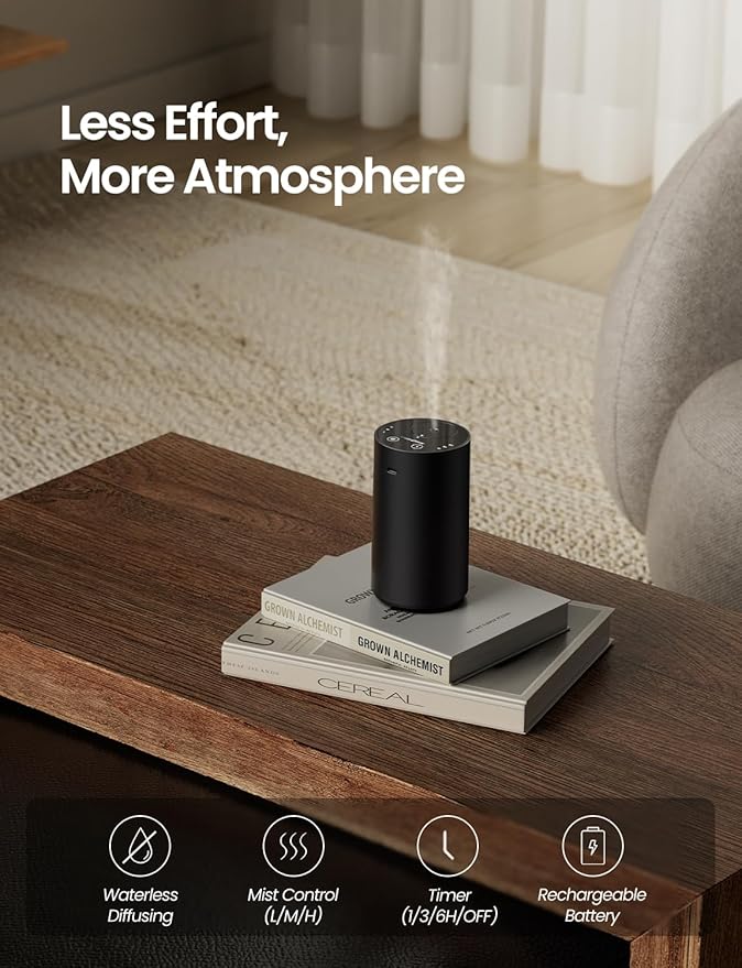 Waterless Essential Oil Diffuser, Rechargeable Scent Diffusers with 3 Mist Levels & Timers, Portable Aromatherapy Diffuser for Home Car Room Studio Office, Black Metal 2 Pack